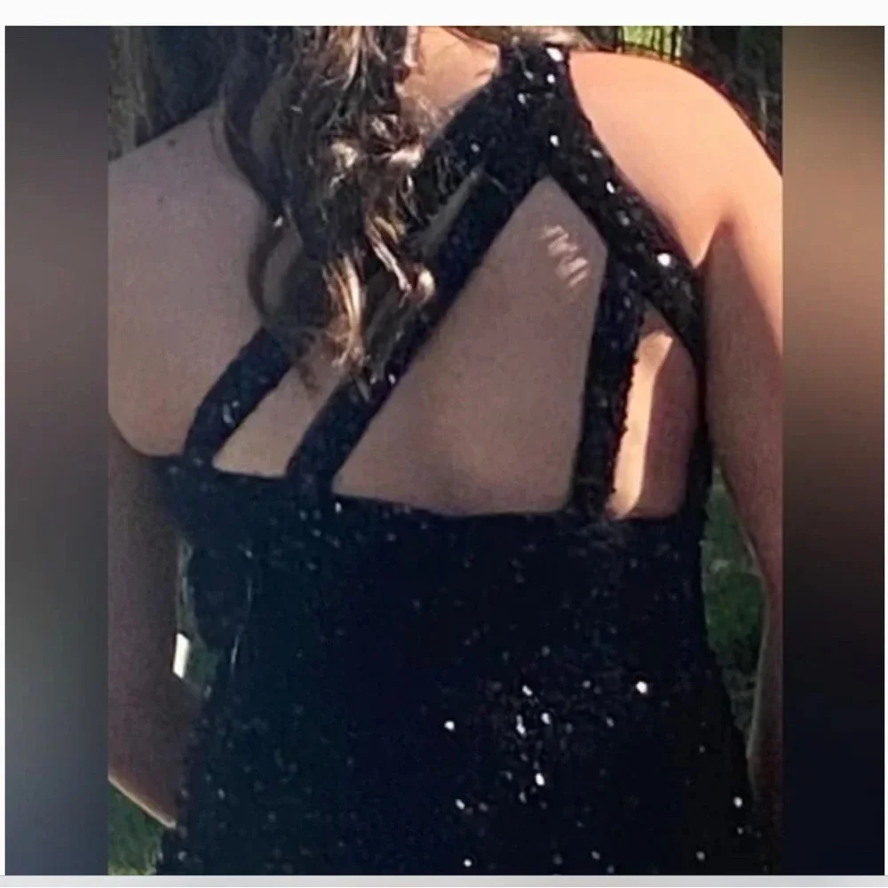 black mermaid glitter one shoulder backless prom dress with sequins - Picture 3 of 4